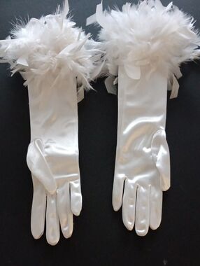 White Satin Opera Gloves with Feather Cuffs